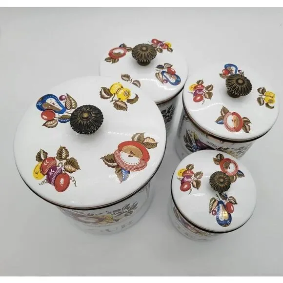 Midcentury 1960's Signed Georges Briard Fruit and Flower Enamelware Canister Set